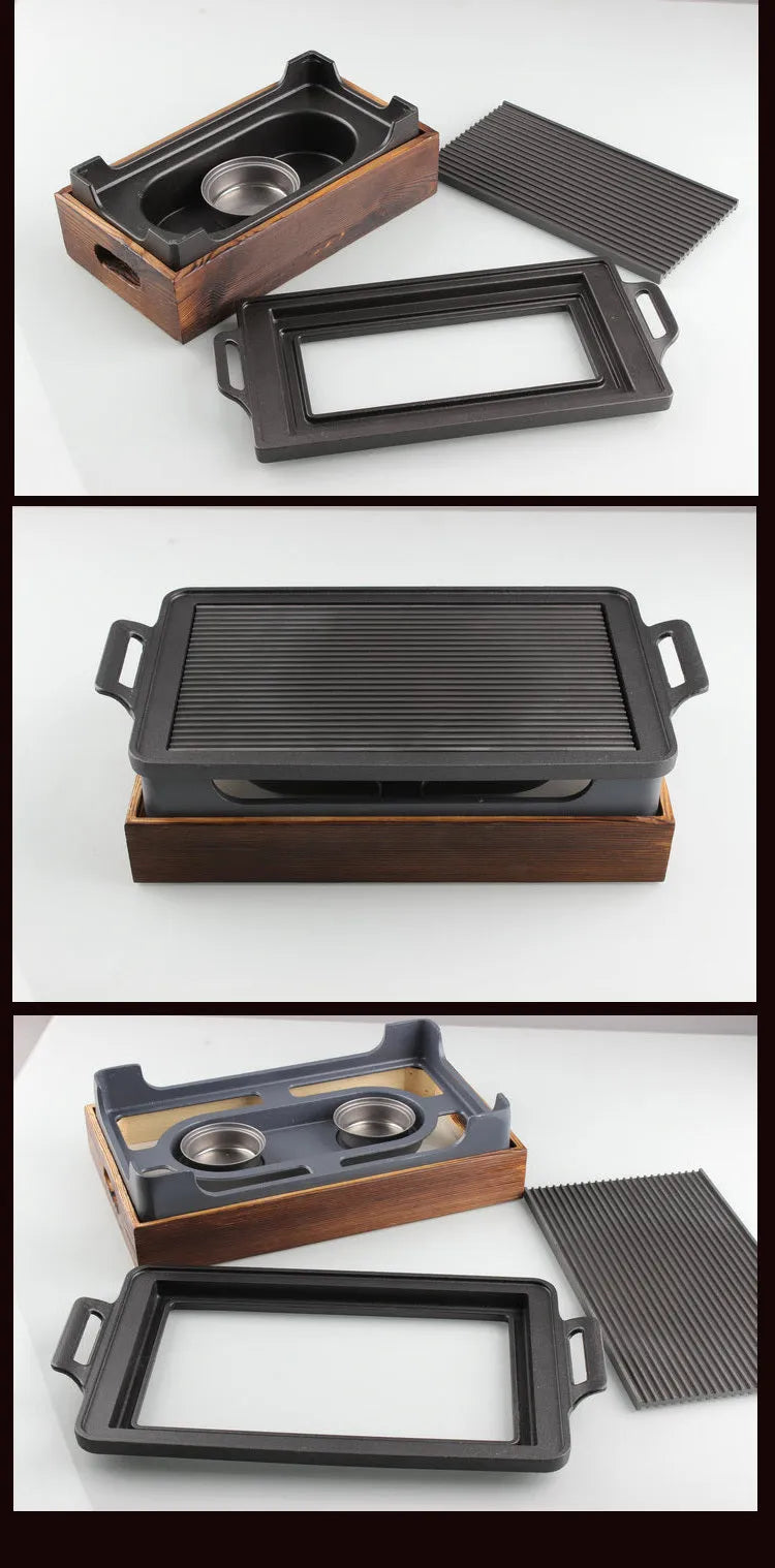 Korean portable smoker with wooden-seat rectangular barbecue grill, 35x21cm size for two people