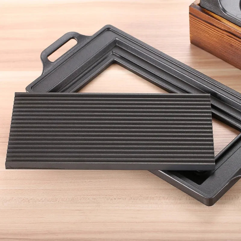 Korean portable smoker with wooden-seat rectangular barbecue grill, 35x21cm size for two people