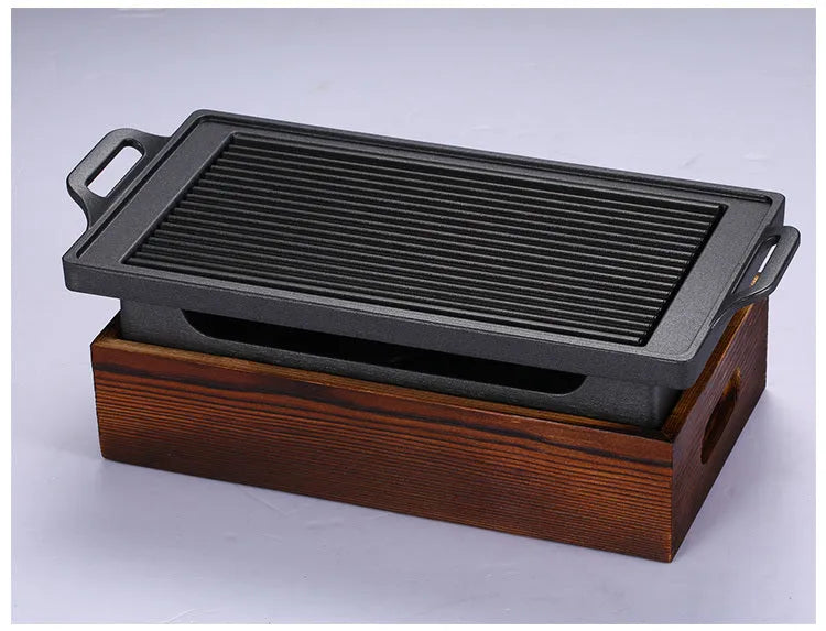 Korean portable smoker with wooden-seat rectangular barbecue grill, 35x21cm size for two people
