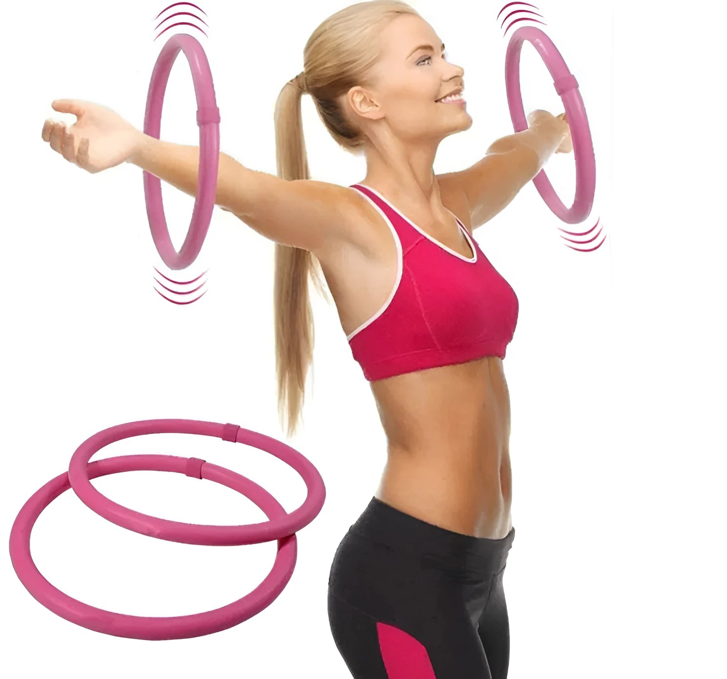 Pair of blue and pink arm massage hoops with stainless steel wire core and soft foam grip, 36x30x60cm