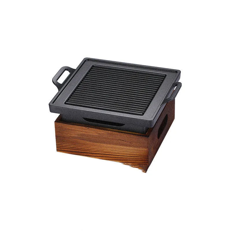 Korean portable smoker with wooden-seat rectangular barbecue grill, 35x21cm size for two people