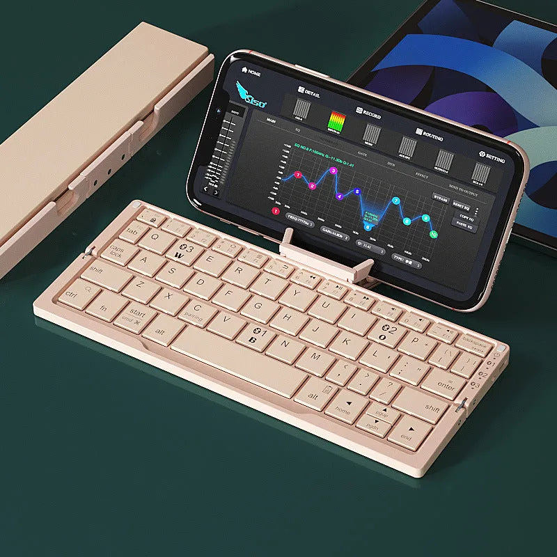 Mini folding aluminium Bluetooth keyboard with integrated stand for phones and tablets
