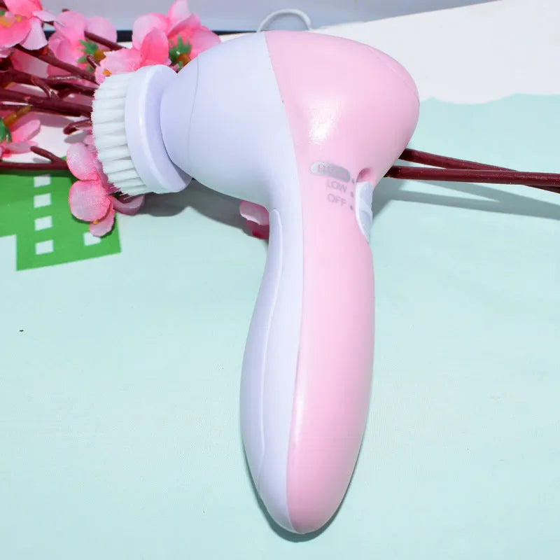 New electric rotating five-in-one cleansing instrument with ultrasonic function in Light Blue, Light Green, and Pink colours