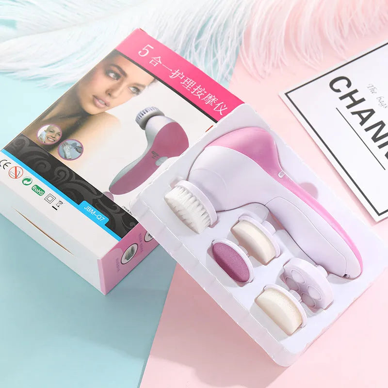 New electric rotating five-in-one cleansing instrument with ultrasonic function in Light Blue, Light Green, and Pink colours