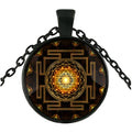 Sacred Sri Lanka Yantra Time Gem pendant necklace, zinc alloy frame with glass inlay, 2.5cm diameter, 70cm chain