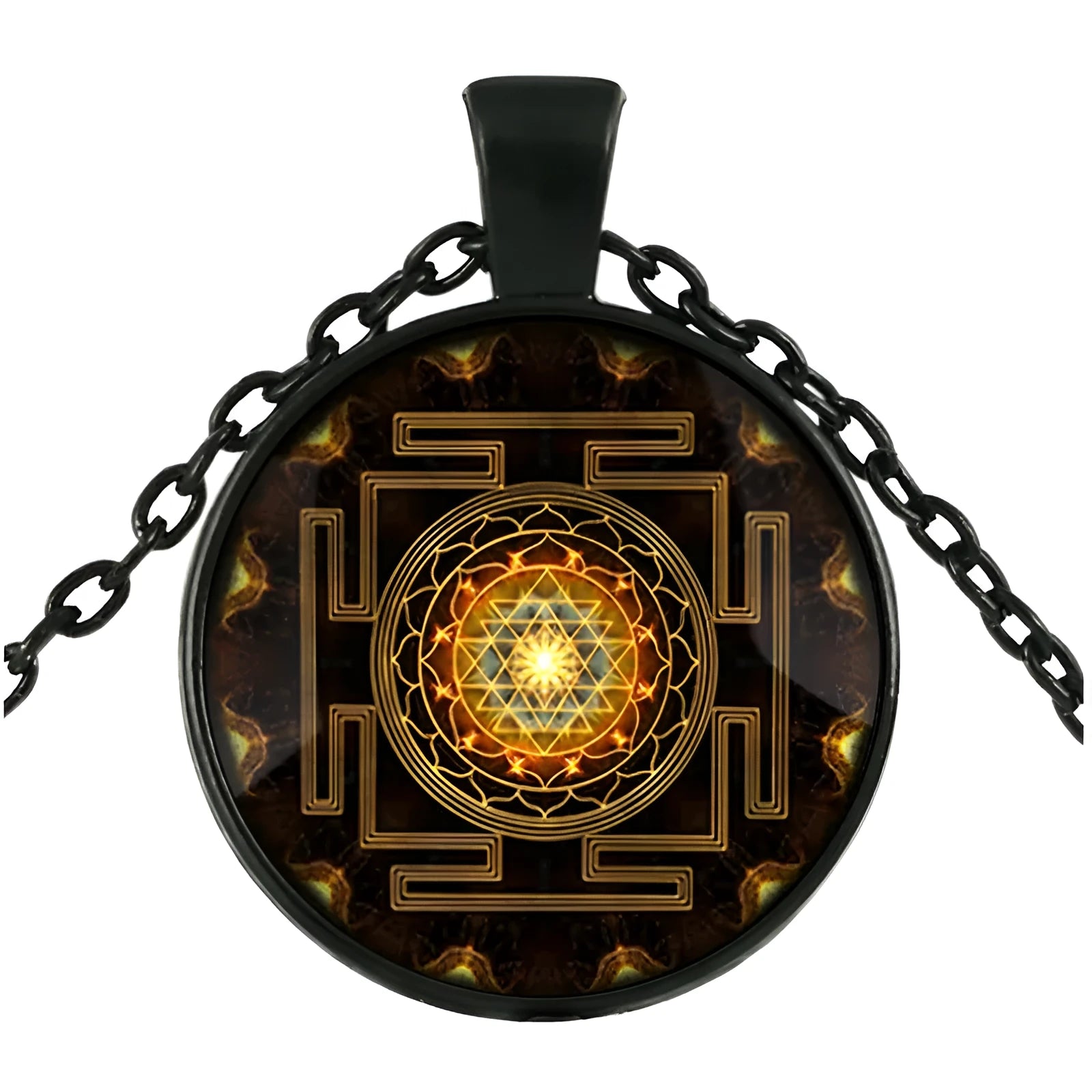 Sacred Sri Lanka Yantra Time Gem pendant necklace, zinc alloy frame with glass inlay, 2.5cm diameter, 70cm chain