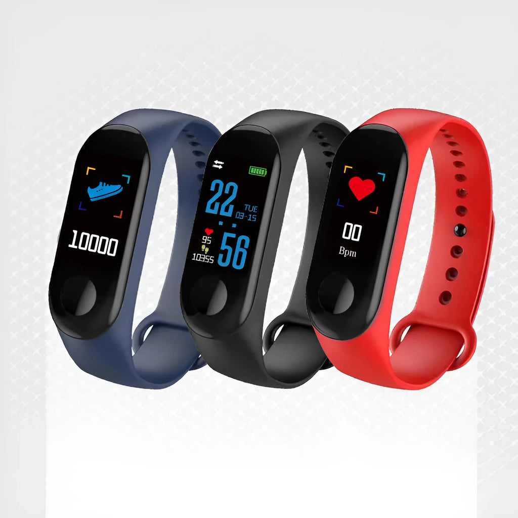 M3 Smart Bracelet with colour screen showing heart rate data, on a black TPE wrist strap.