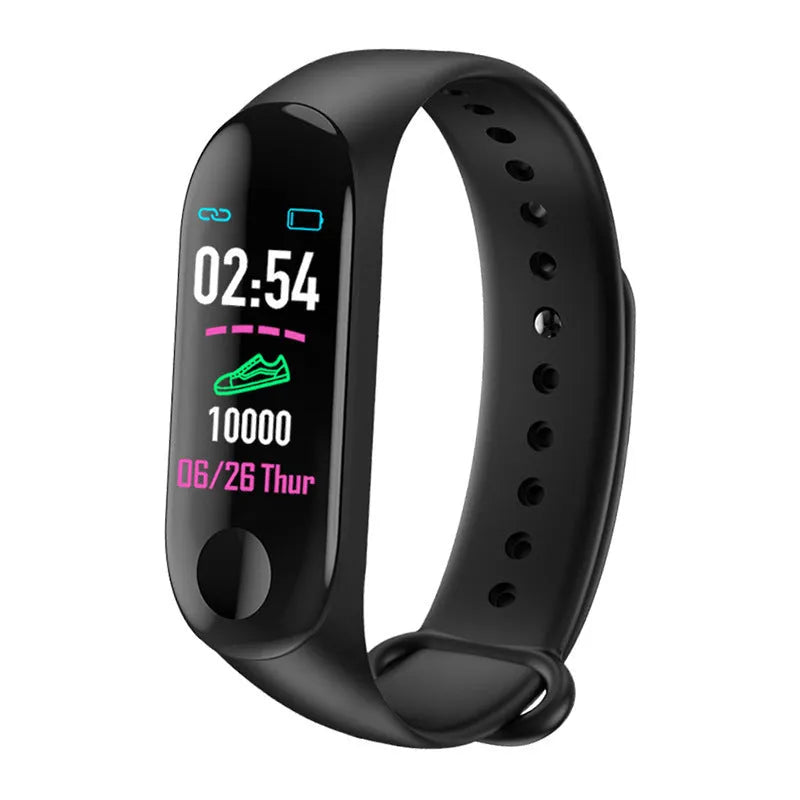 M3 Smart Bracelet with colour screen showing heart rate data, on a black TPE wrist strap.