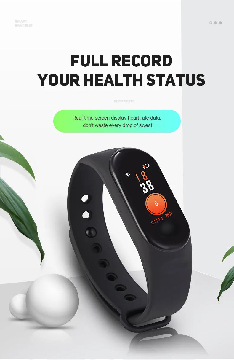 M3 Smart Bracelet with colour screen showing heart rate data, on a black TPE wrist strap.
