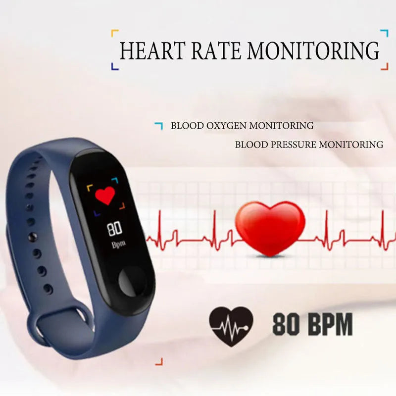 M3 Smart Bracelet with colour screen showing heart rate data, on a black TPE wrist strap.