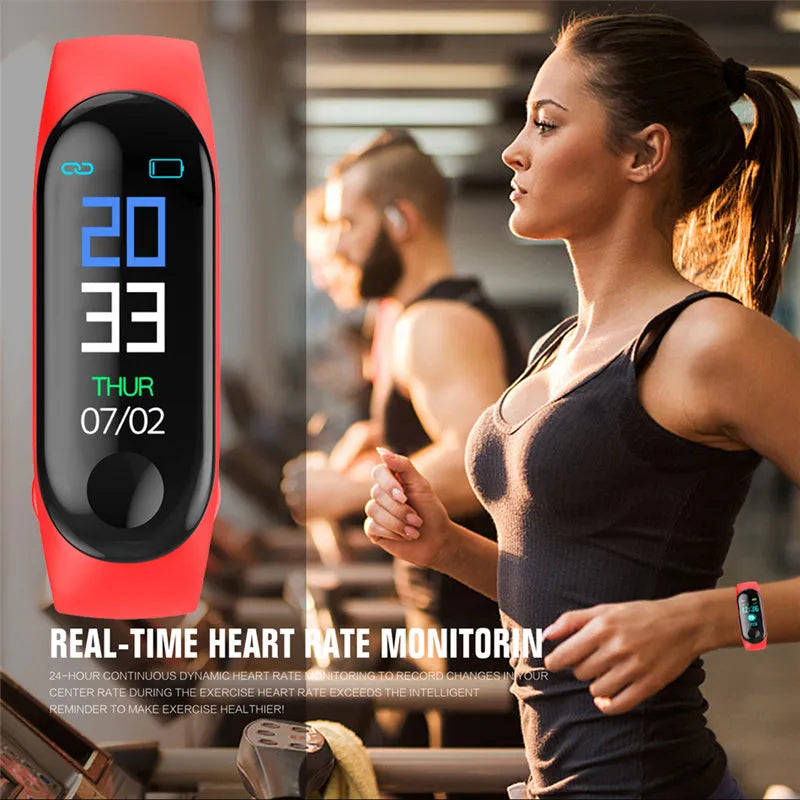 M3 Smart Bracelet with colour screen showing heart rate data, on a black TPE wrist strap.