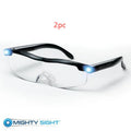 Transparent black USB reading glasses with integrated LED lights on the frame.