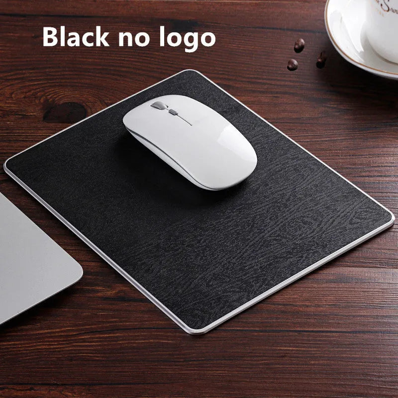 Oversized metal aluminium alloy mouse pad in black with PU leather surface and silicone base, 249x200x3.2mm, CNC chamfered edge
