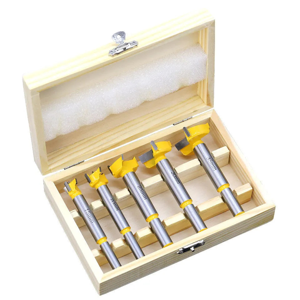Carbide wood hole opener 5-piece set with wooden box, for hand and electric drills