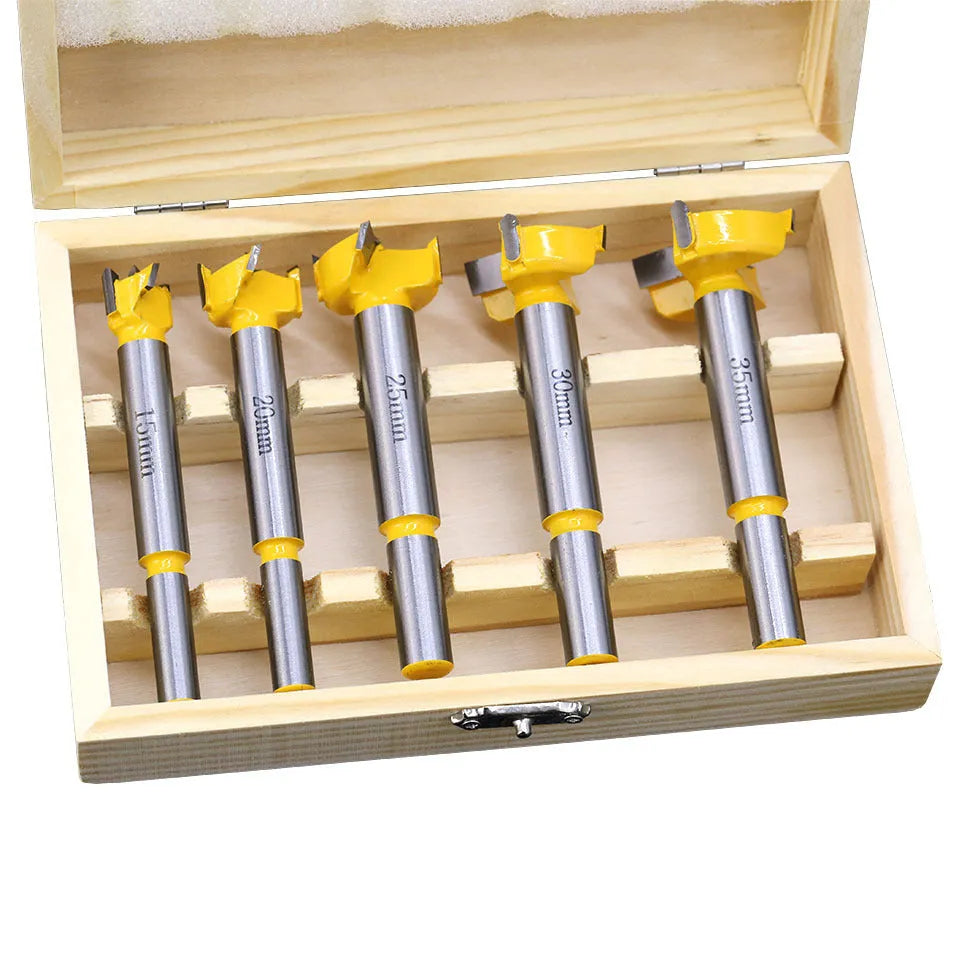 Carbide wood hole opener 5-piece set with wooden box, for hand and electric drills