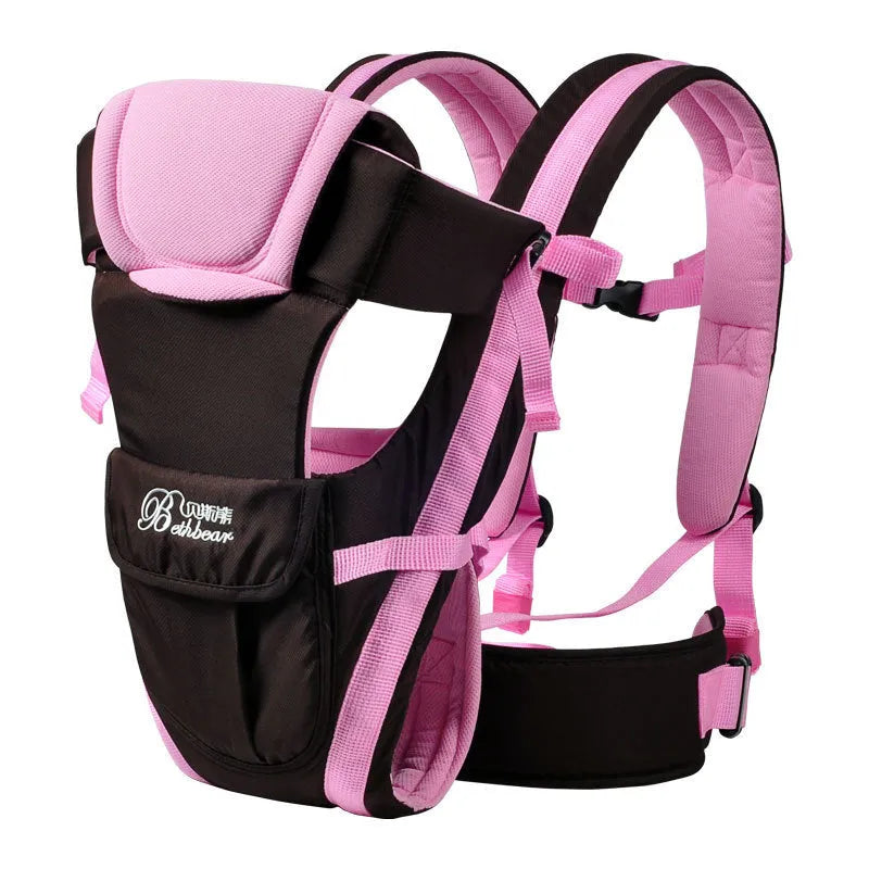 Bass Bear double shoulder baby carrier in gem orchid colour on a person carrying a baby