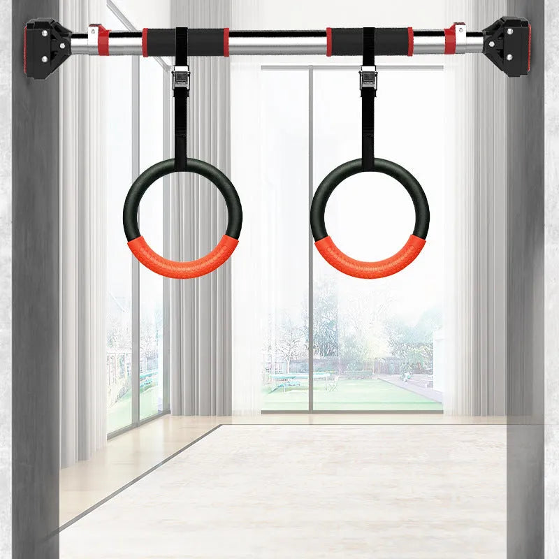 Black rubber encapsulation gymnastics training rings with ropes and gloves for indoor pull-ups and stretching exercise
