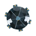 Wall-mounted rotating grain dispenser with six compartments, blue-yellow colour, press-button dispenser and clear PC top cover