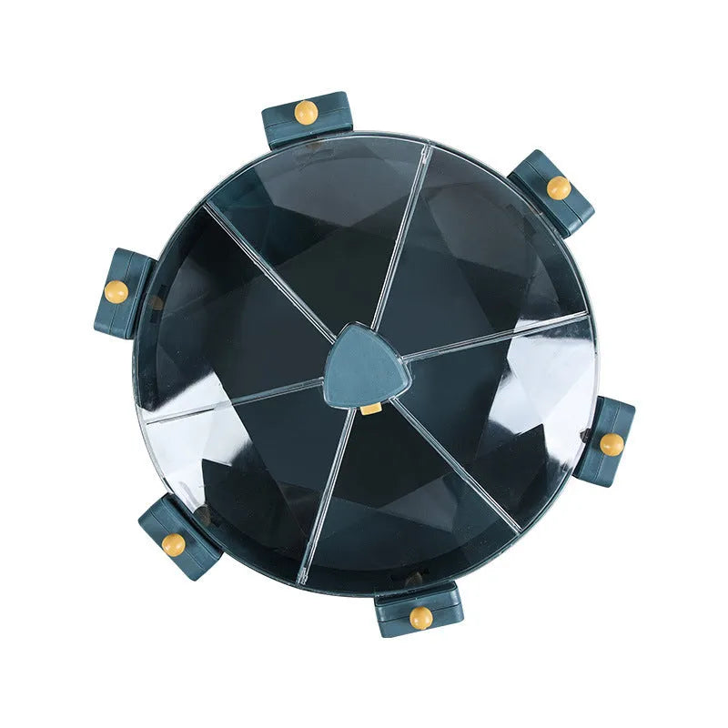 Wall-mounted rotating grain dispenser with six compartments, blue-yellow colour, press-button dispenser and clear PC top cover