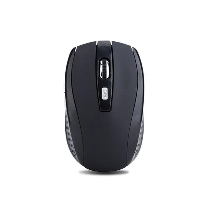 Matte finish wireless mouse in black with six buttons and scroll wheel on a desk