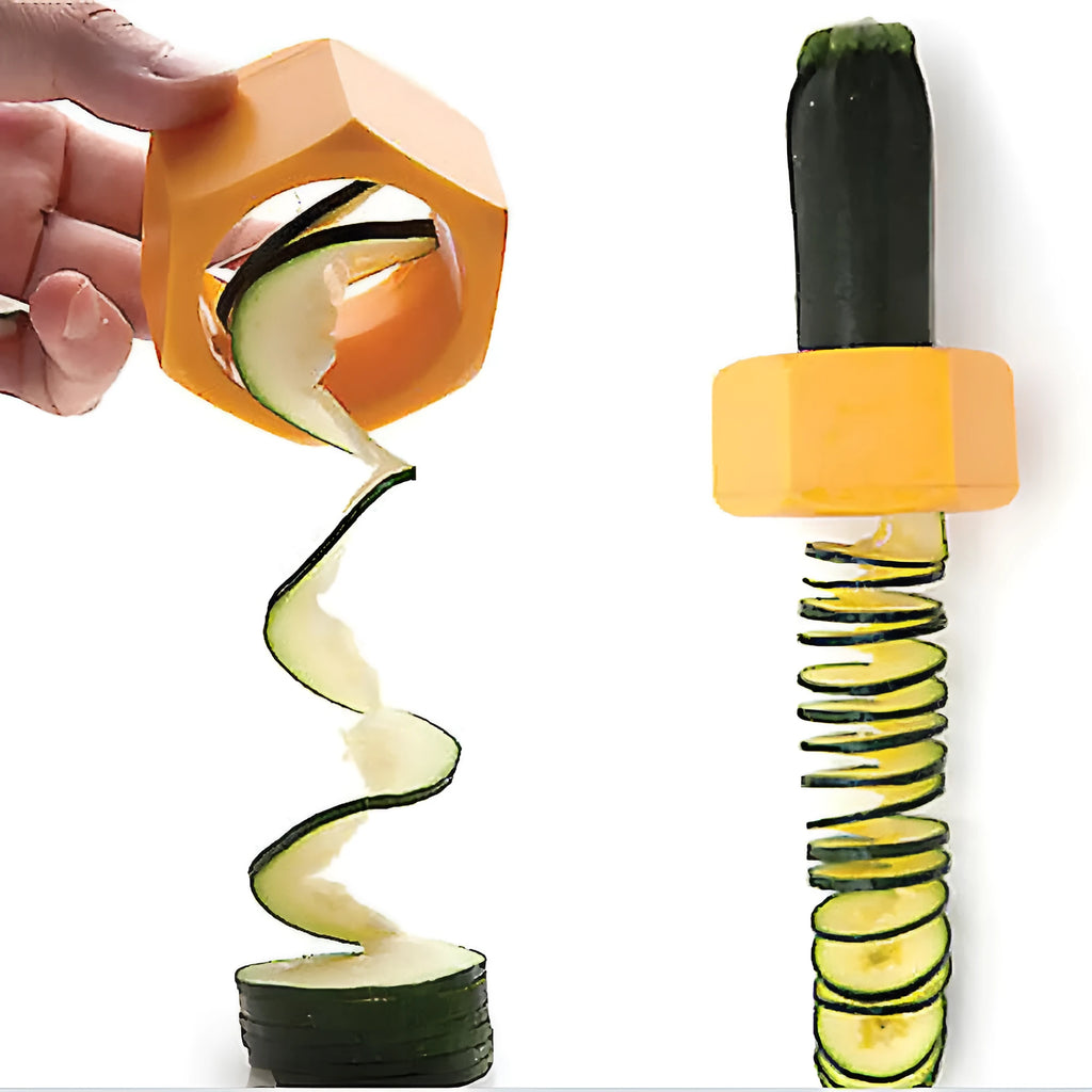 Yellow and green manual spiral vegetable cutter kitchen gadget for slicing cucumbers and carrots