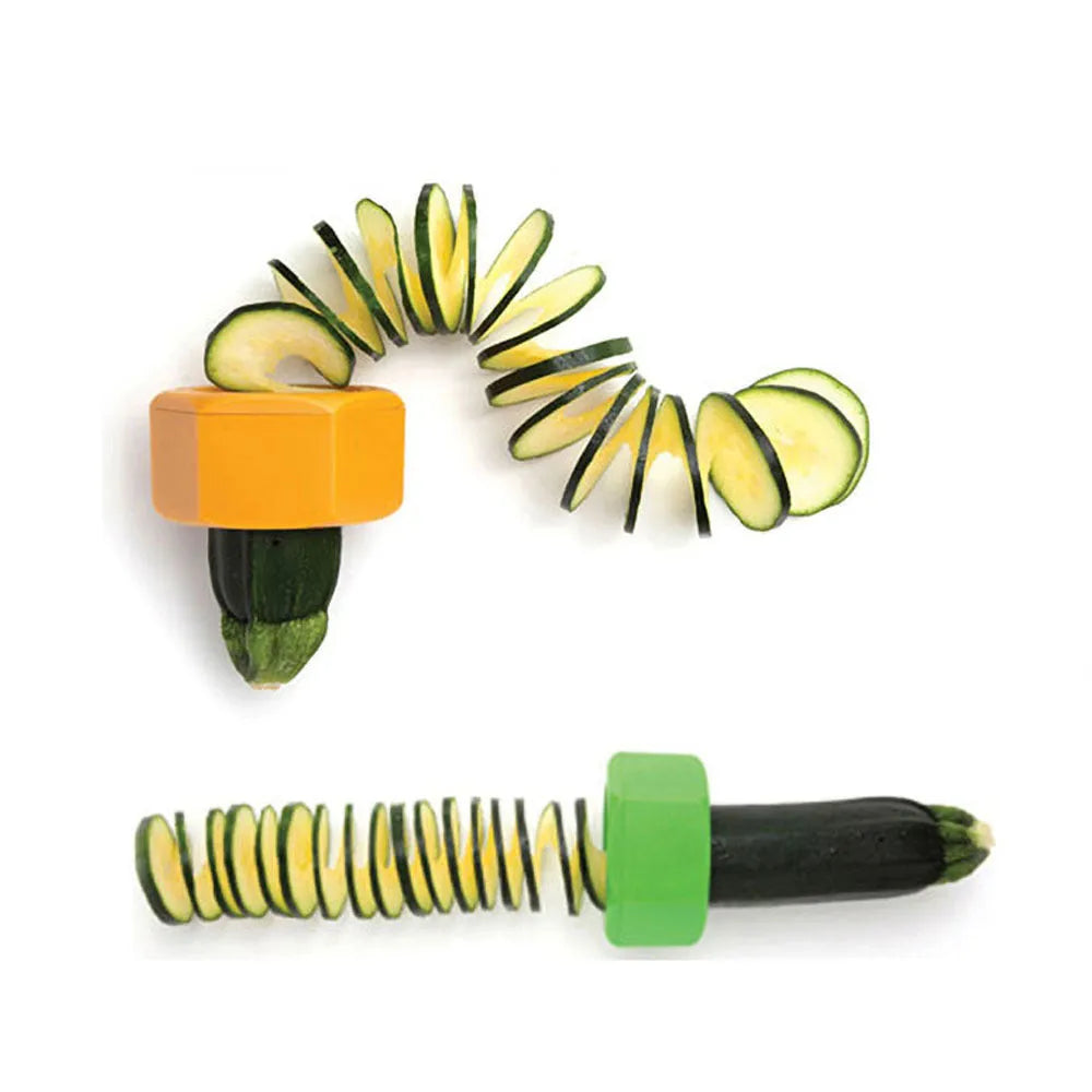 Yellow and green manual spiral vegetable cutter kitchen gadget for slicing cucumbers and carrots