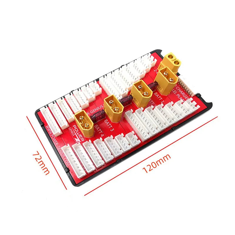 RC parallel charging board with four sets of T plug and balance ports for lithium batteries.