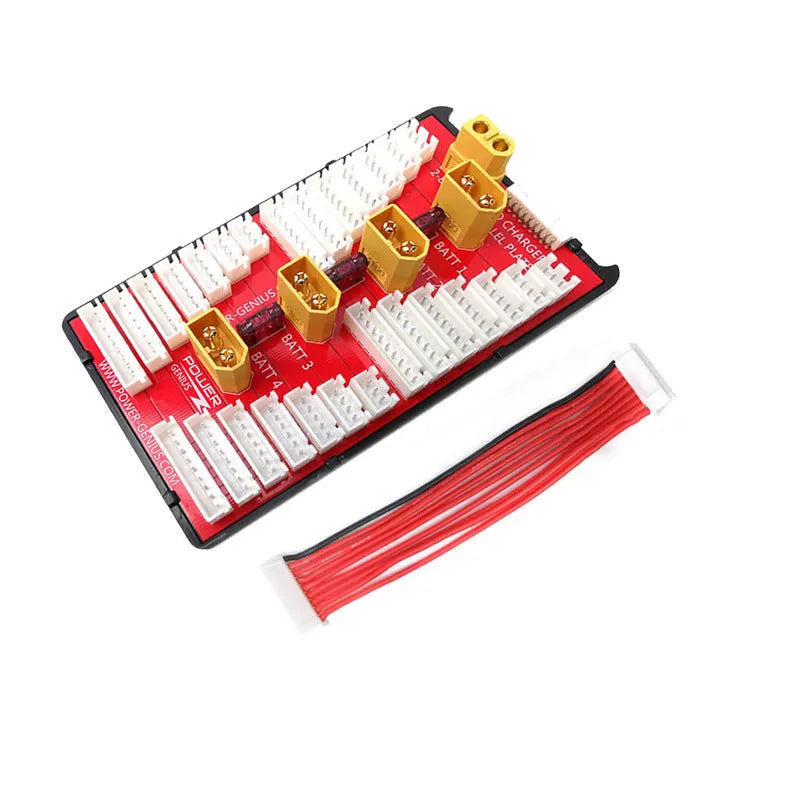 RC parallel charging board with four sets of T plug and balance ports for lithium batteries.