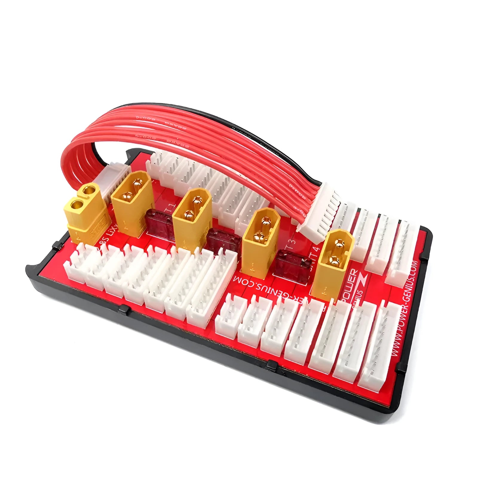 RC parallel charging board with four sets of T plug and balance ports for lithium batteries.