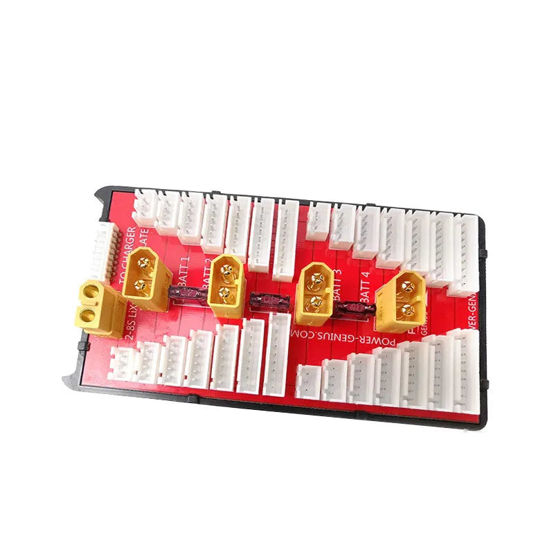 RC parallel charging board with four sets of T plug and balance ports for lithium batteries.