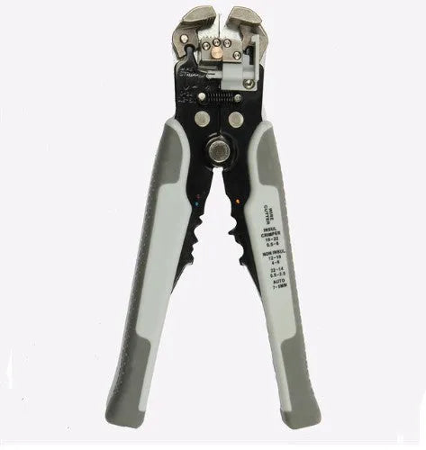 Yellow automatic wire stripper and crimping plier tool with cutter for 10-24 AWG electrical cables.