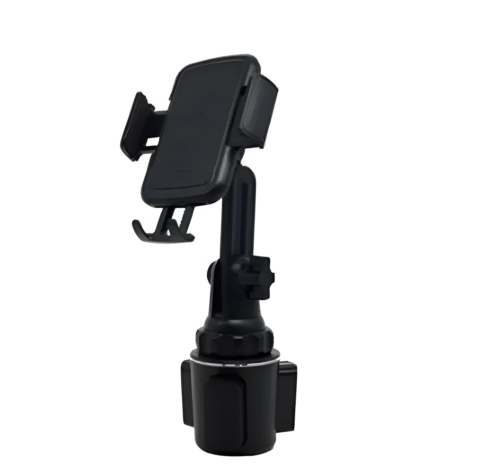 Black ABS car phone holder with 360° rotation and adjustable height mounted in vehicle