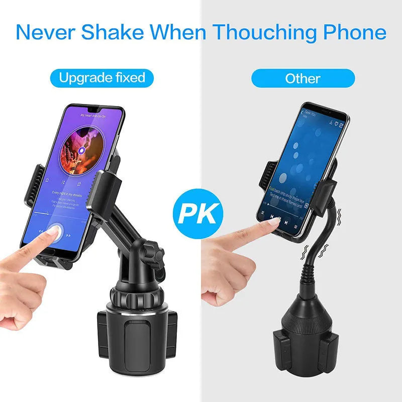 Black ABS car phone holder with 360° rotation and adjustable height mounted in vehicle