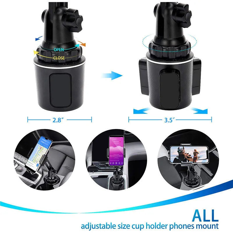 Black ABS car phone holder with 360° rotation and adjustable height mounted in vehicle