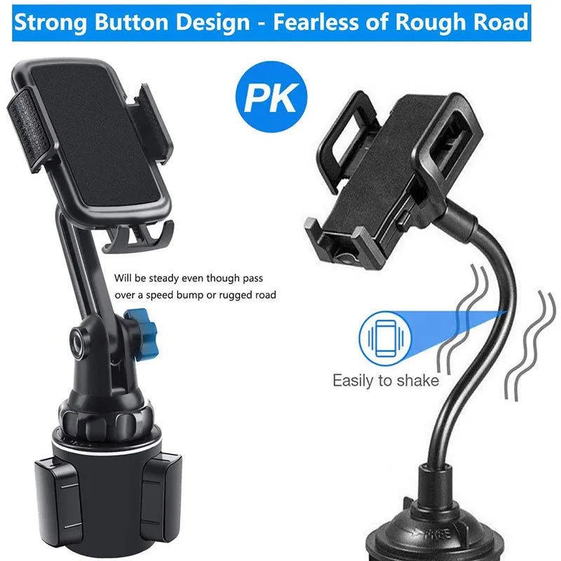 Black ABS car phone holder with 360° rotation and adjustable height mounted in vehicle