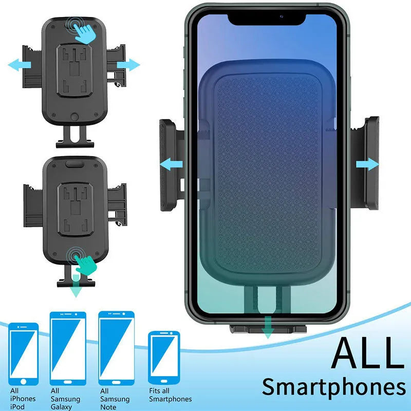 Black ABS car phone holder with 360° rotation and adjustable height mounted in vehicle
