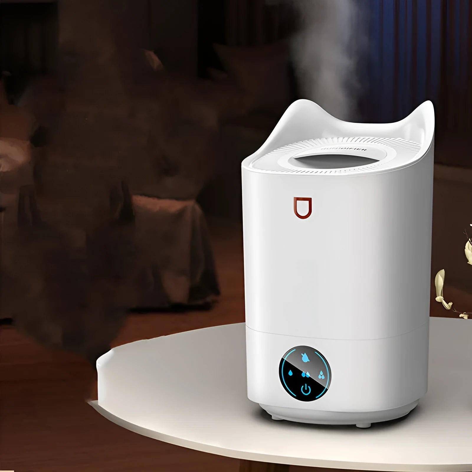 Coral Pink double spray USB humidifier with three mist outlets on a wooden table.