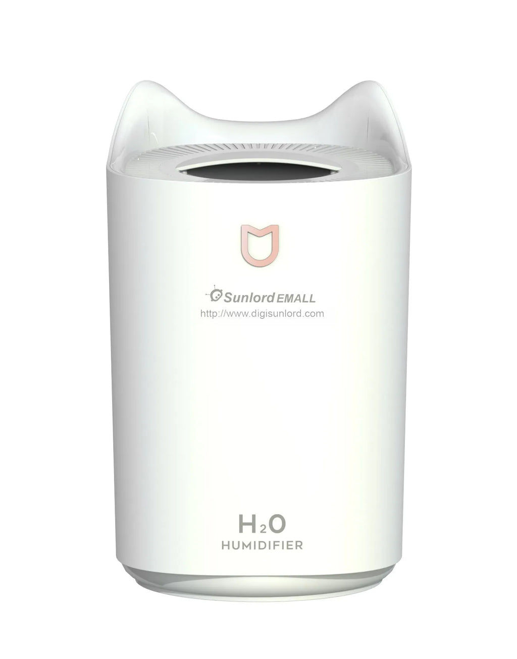 Coral Pink double spray USB humidifier with three mist outlets on a wooden table.