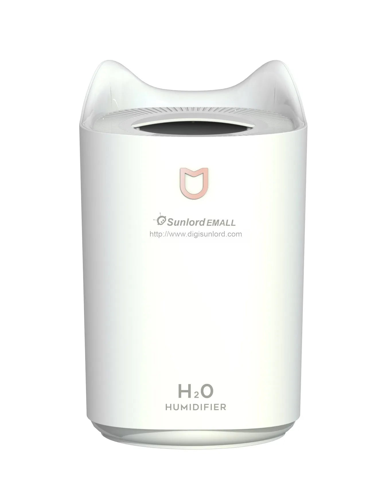 Coral Pink double spray USB humidifier with three mist outlets on a wooden table.