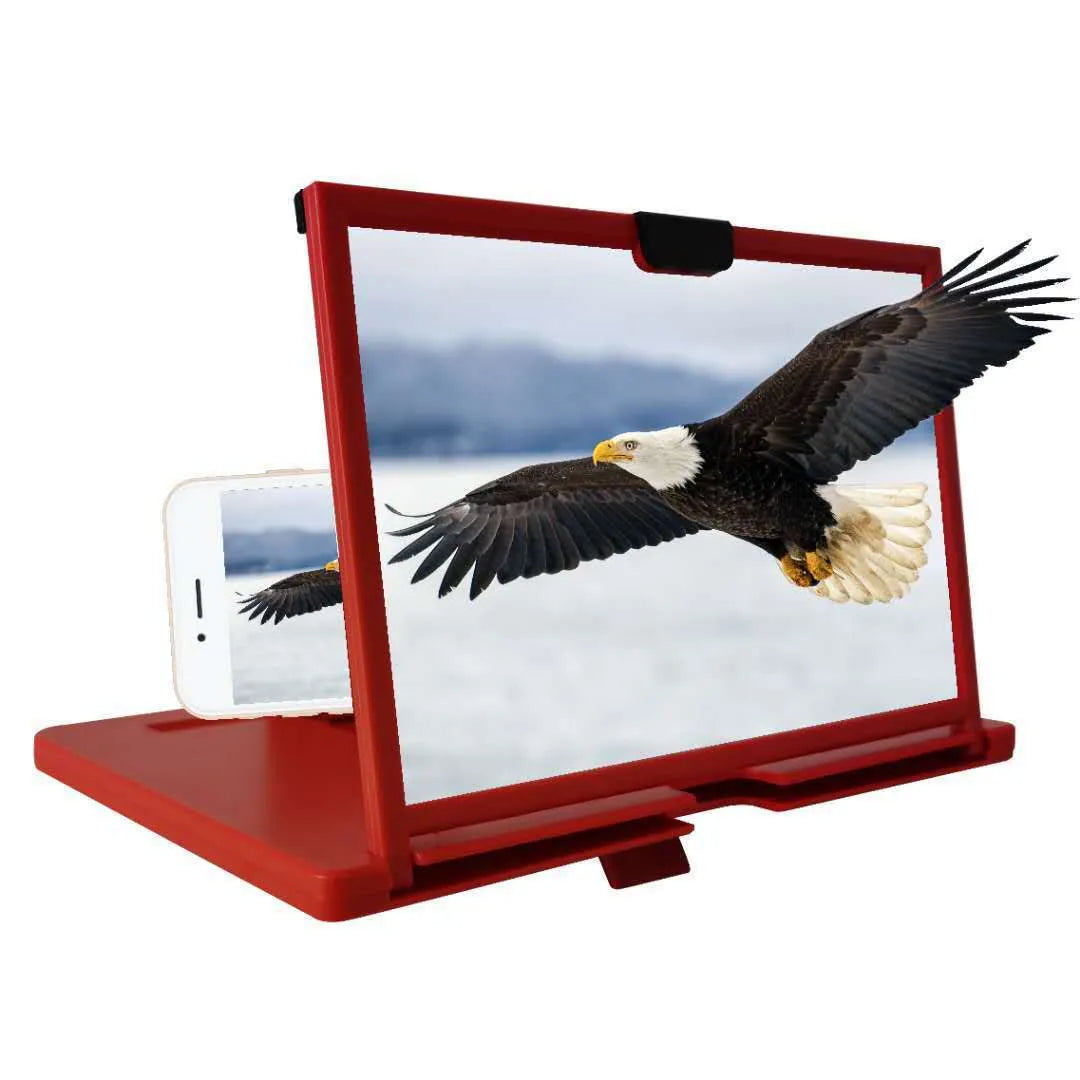 A black desktop mobile phone screen magnifier holder, a lazy bracket showing a phone placed for enlarged viewing.