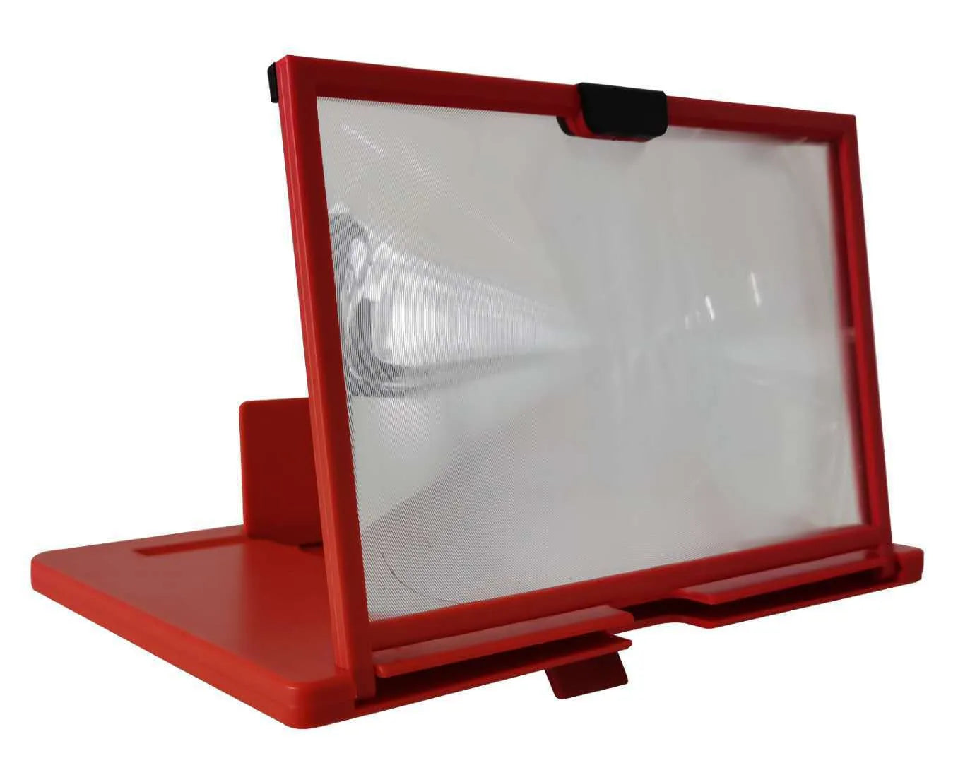 A black desktop mobile phone screen magnifier holder, a lazy bracket showing a phone placed for enlarged viewing.