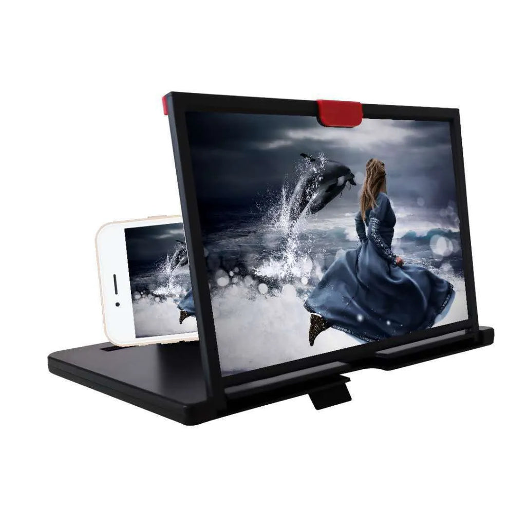 A black desktop mobile phone screen magnifier holder, a lazy bracket showing a phone placed for enlarged viewing.