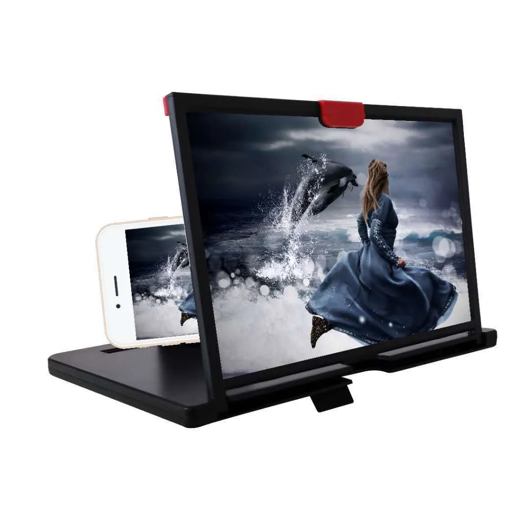 A black desktop mobile phone screen magnifier holder, a lazy bracket showing a phone placed for enlarged viewing.