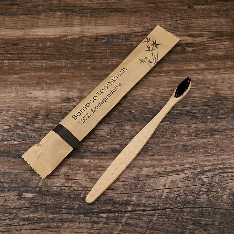 Set of 10 bamboo toothbrushes in six colours with soft charcoal bristles