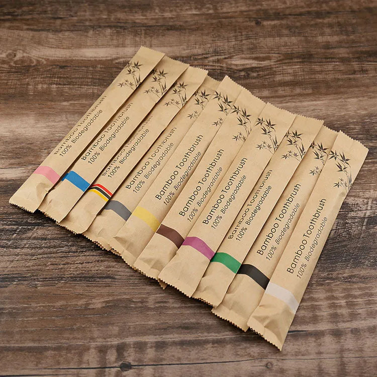 Set of 10 bamboo toothbrushes in six colours with soft charcoal bristles