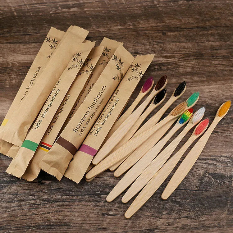 Set of 10 bamboo toothbrushes in six colours with soft charcoal bristles