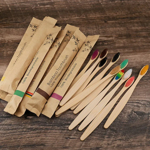 Set of 10 bamboo toothbrushes in six colours with soft charcoal bristles