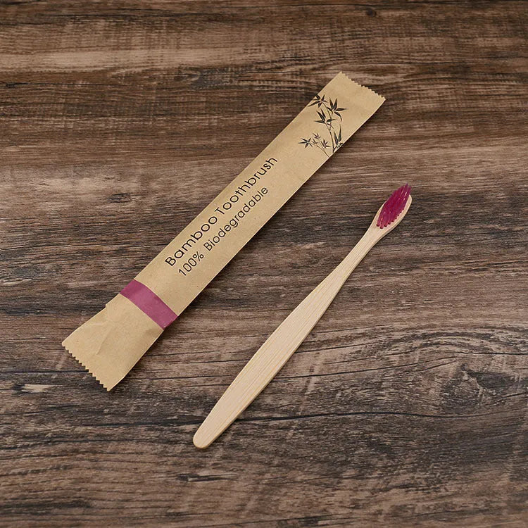 Set of 10 bamboo toothbrushes in six colours with soft charcoal bristles