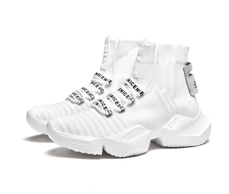 Men's black and white casual sports shoes with mesh lining in extended sizes