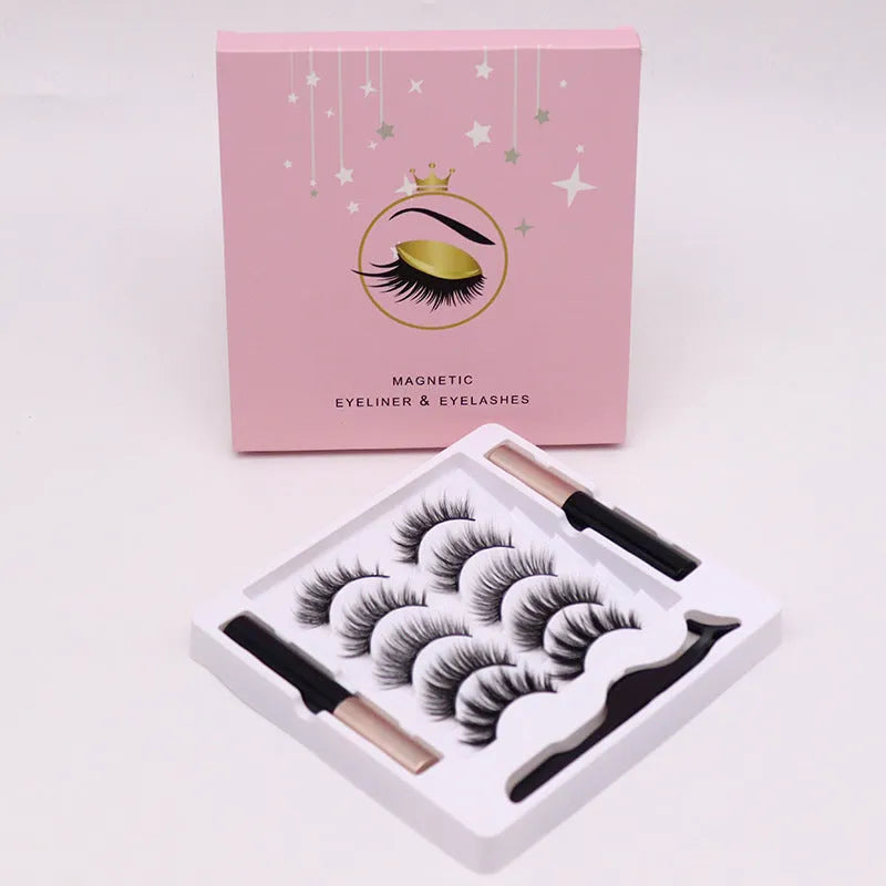 Magnetic eyelashes set showing eyeliner and reusable false lashes with 5 pairs included